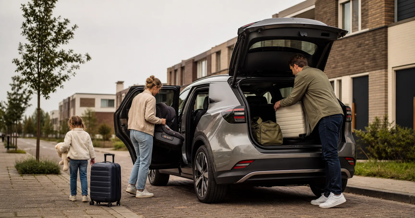 Gezin laadt vakantiebagage in een ruime elektrische auto met geopende achterklep