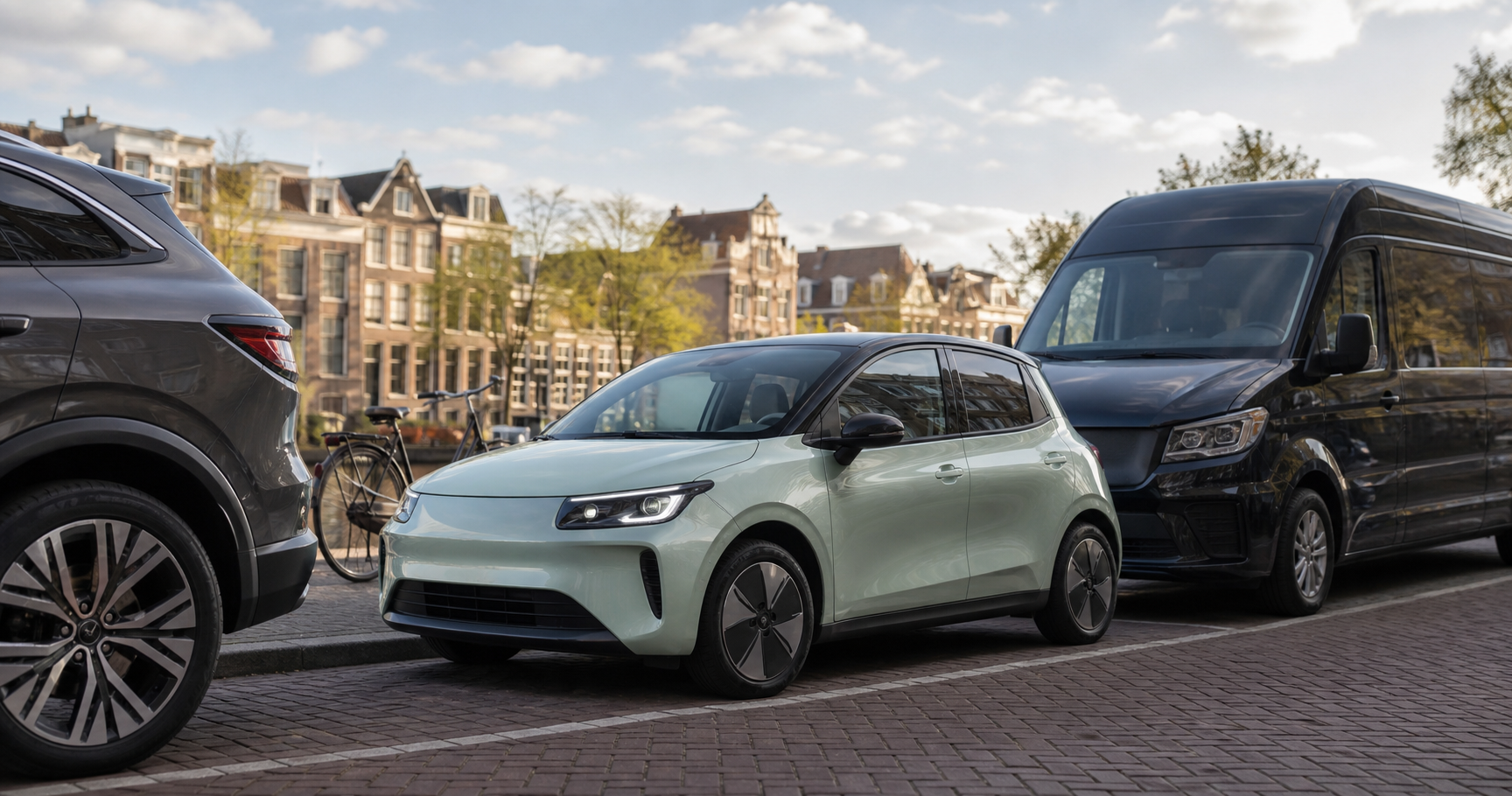 Compacte elektrische auto die net in een krappe parkeerplek tussen twee grotere auto's past in een Nederlandse stadsstraat
