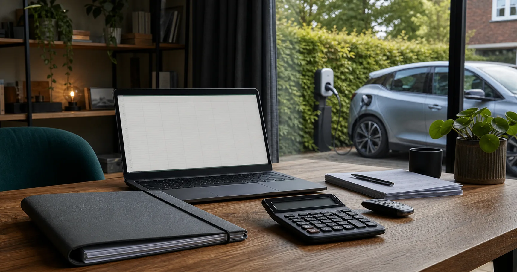 Bureau met laptop en rekenmachine, met buiten een elektrische auto aan een thuislader