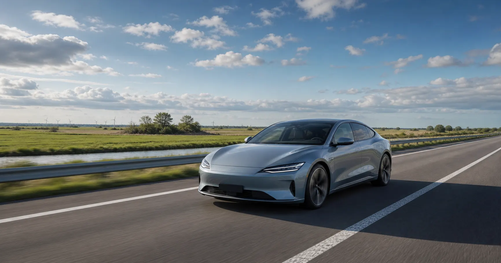 Elektrische auto op een lange snelwegrit met open landschap en een laadroute