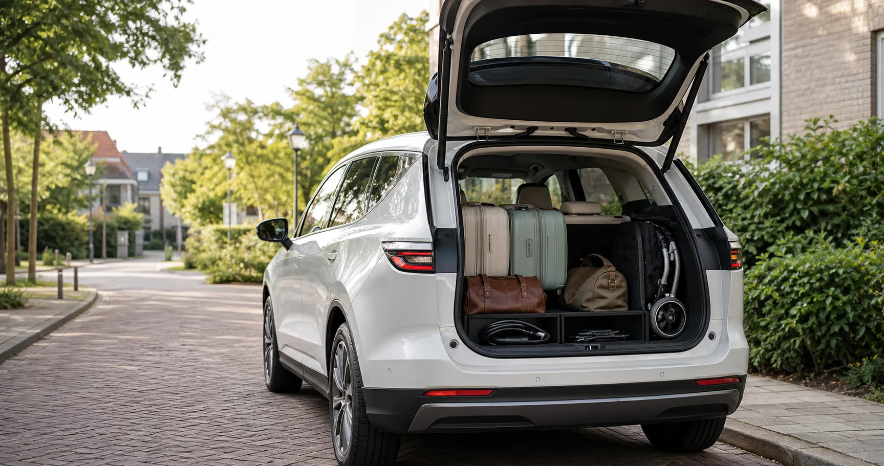 Geopende kofferbak van een elektrische auto met koffers en tassen, klaar voor vakantie