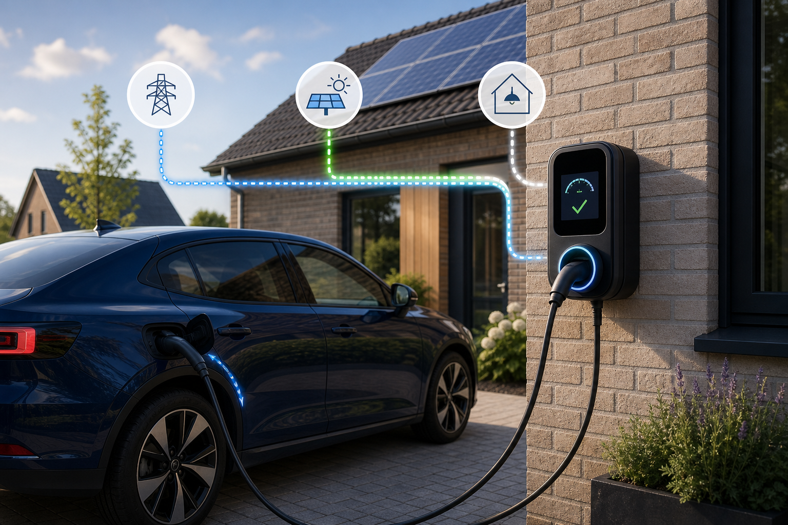 Elektrische auto bij een thuislaadpaal met zonnepanelen en energiemeting