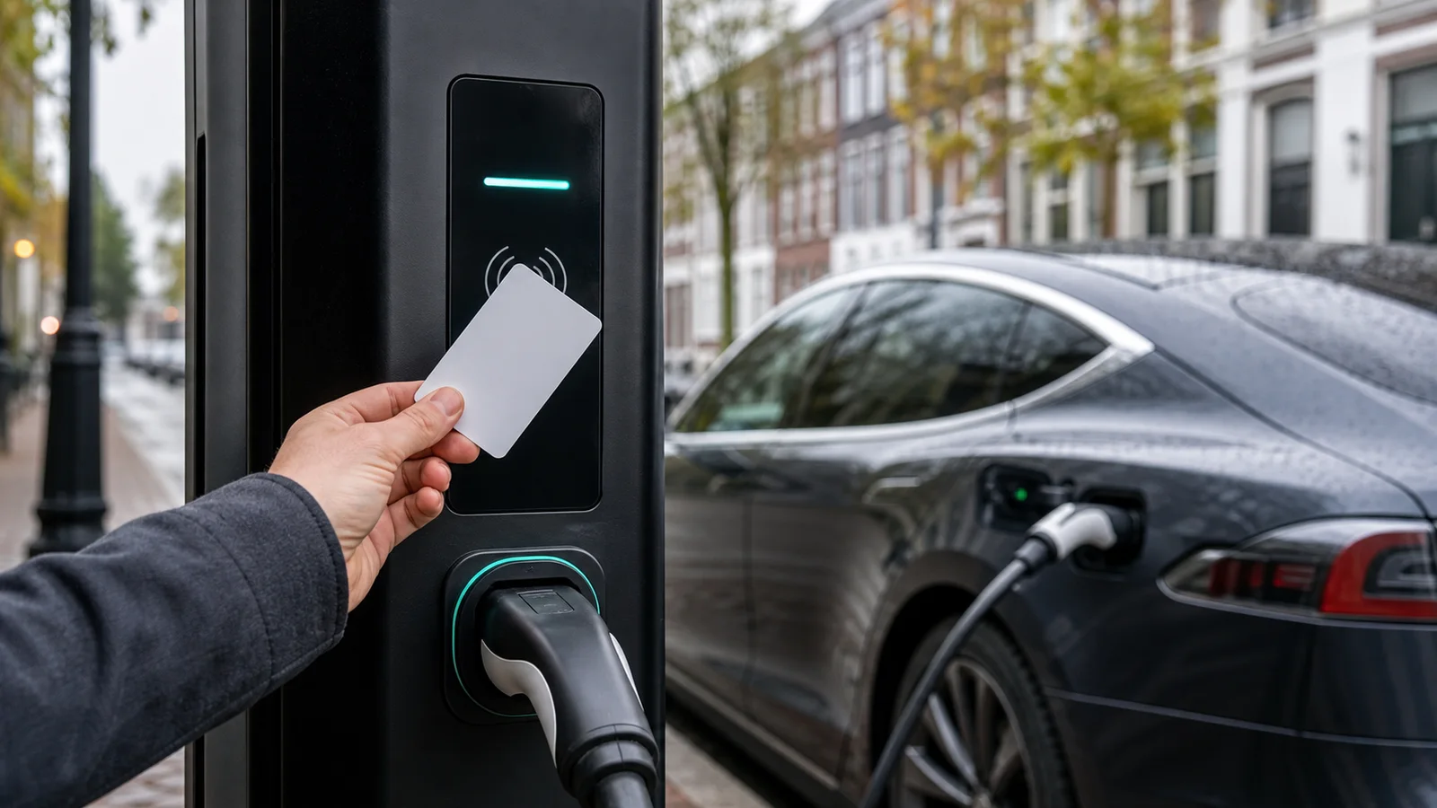 Hand houdt een laadpas tegen het leesvlak van een openbare laadpaal terwijl een elektrische auto oplaadt
