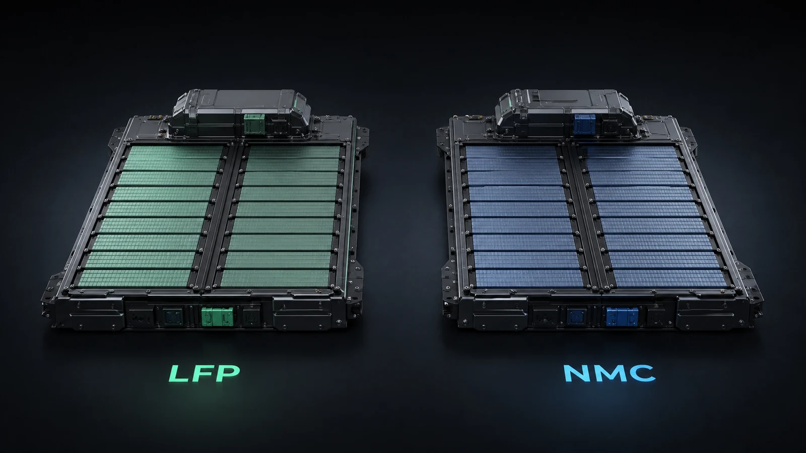 Illustratie van twee accupakketten voor elektrische auto's naast elkaar, links een LFP-pakket en rechts een NMC-pakket