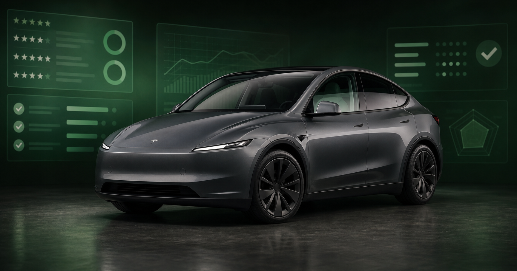 Tesla Model Y voor panelen met reviewscores en analysegegevens
