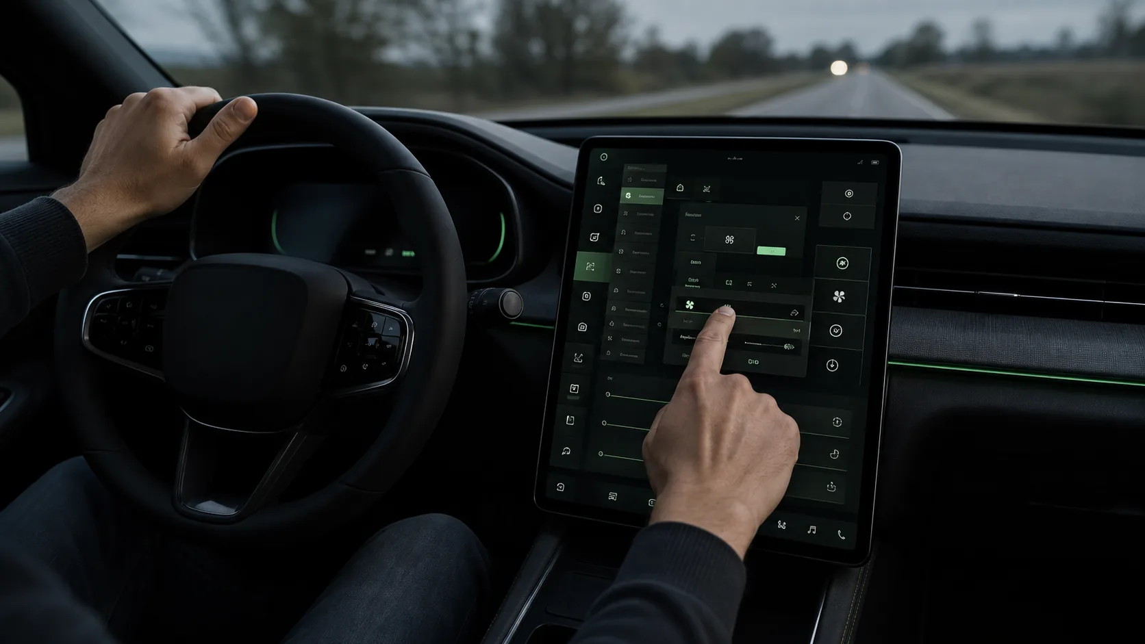 Bestuurder zoekt tijdens het rijden naar een functie in een druk touchscreenmenu