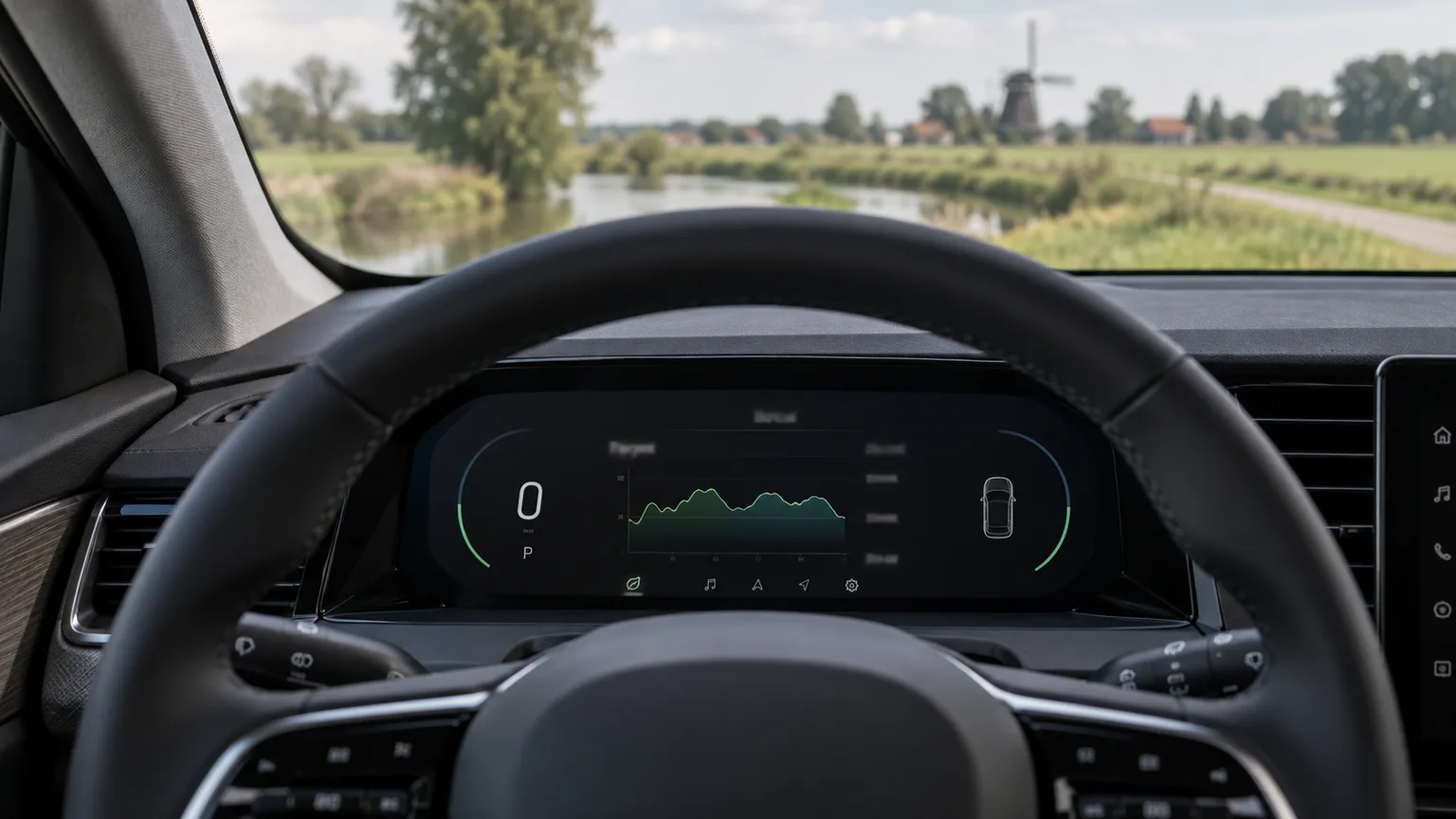 Illustratief dashboard van een elektrische auto met een verbruiksgrafiek en Nederlands landschap op de achtergrond