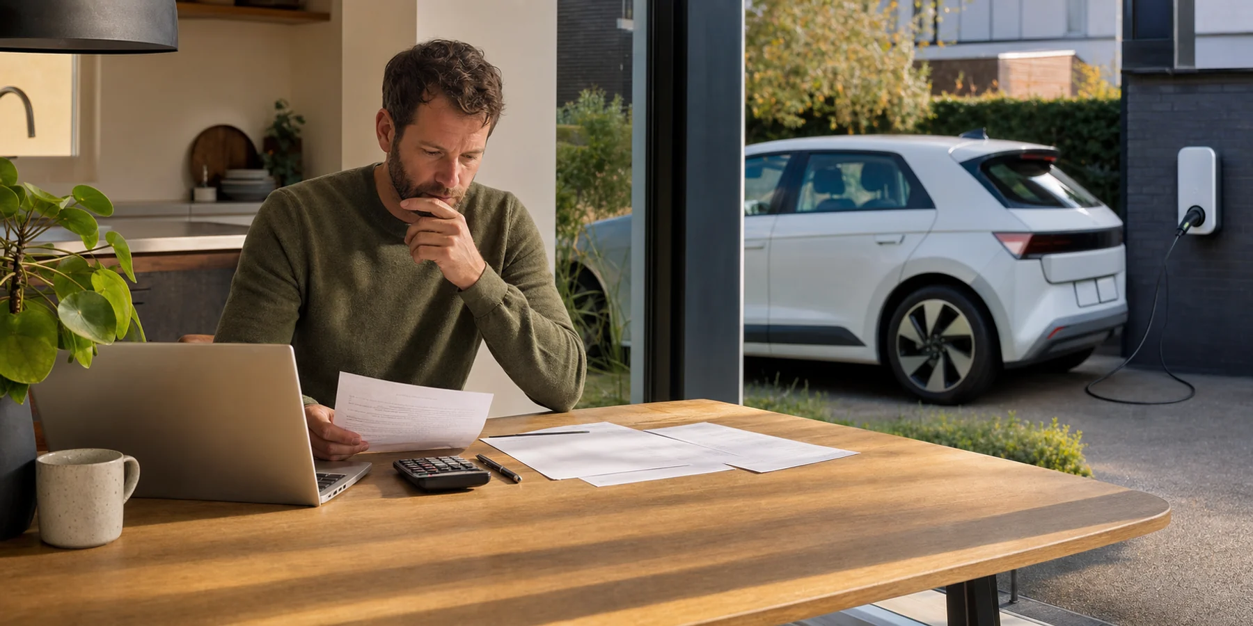 Persoon rekent aan de keukentafel de autokosten uit terwijl buiten een elektrische auto aan de laadpaal staat