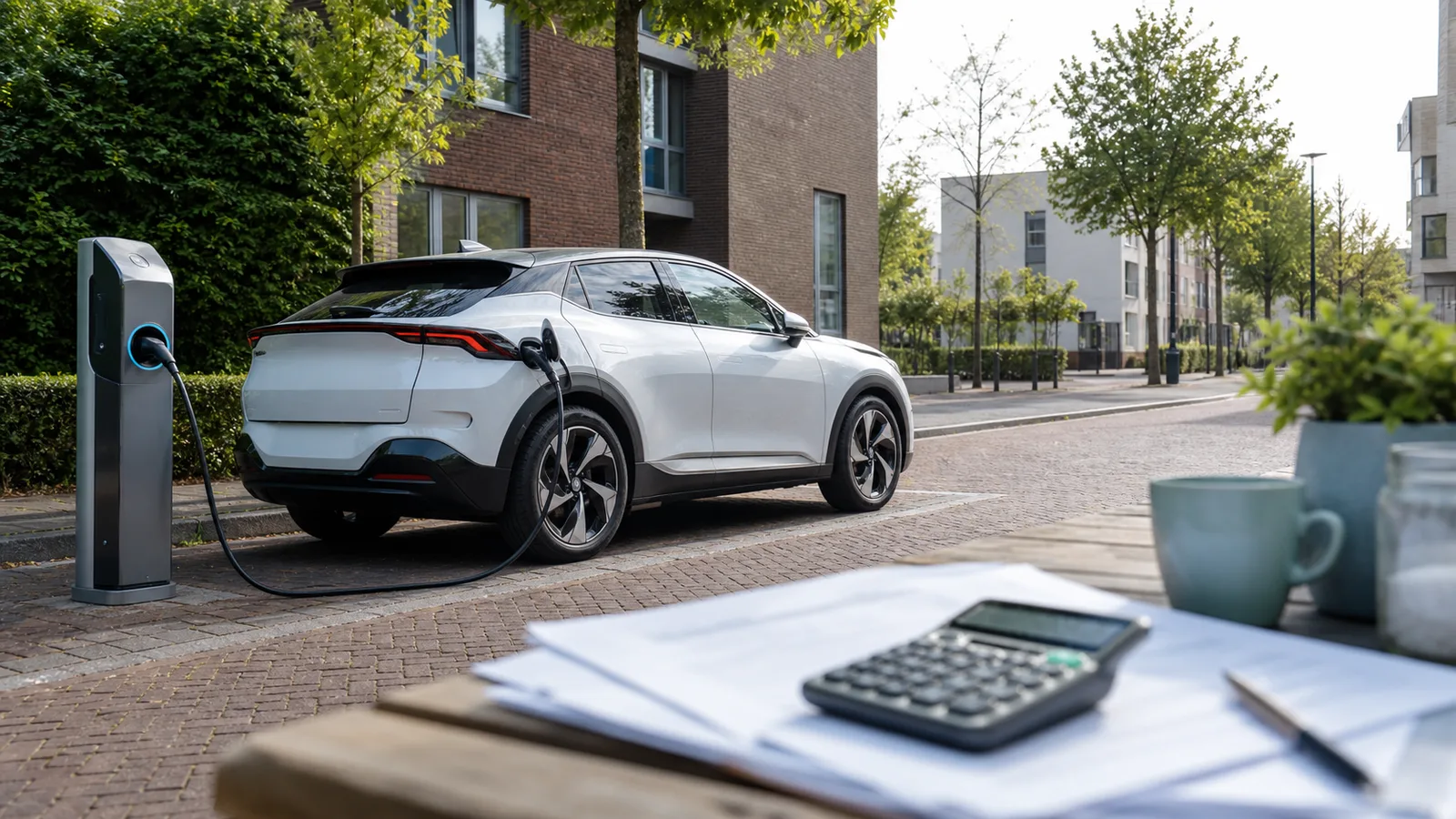Elektrische auto naast een laadpaal met belastingpapieren en een rekenmachine
