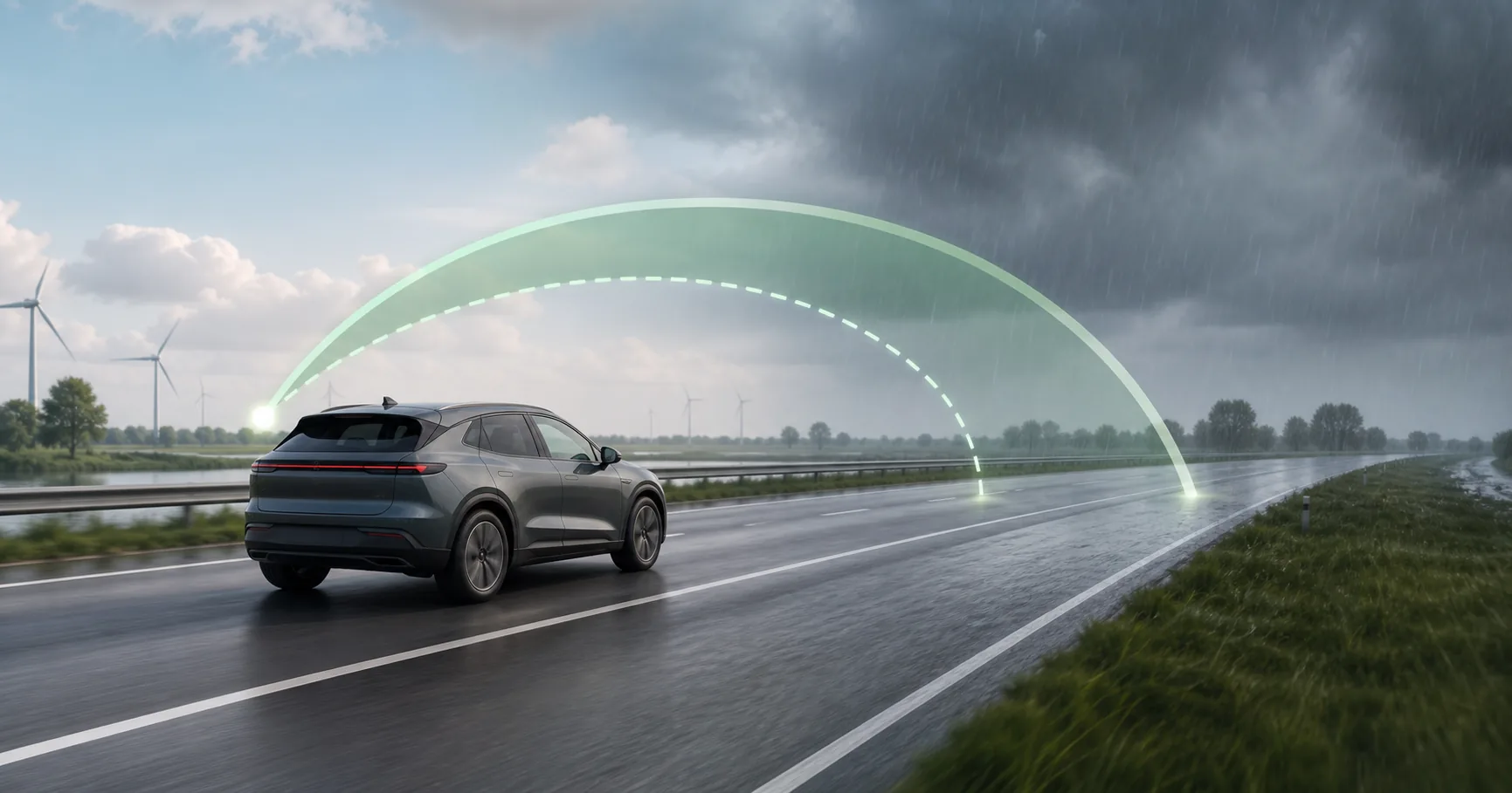Elektrische auto op een route door droog en regenachtig weer