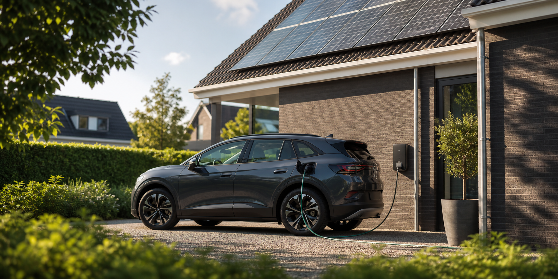 Elektrische auto die thuis overdag met zonnestroom wordt opgeladen