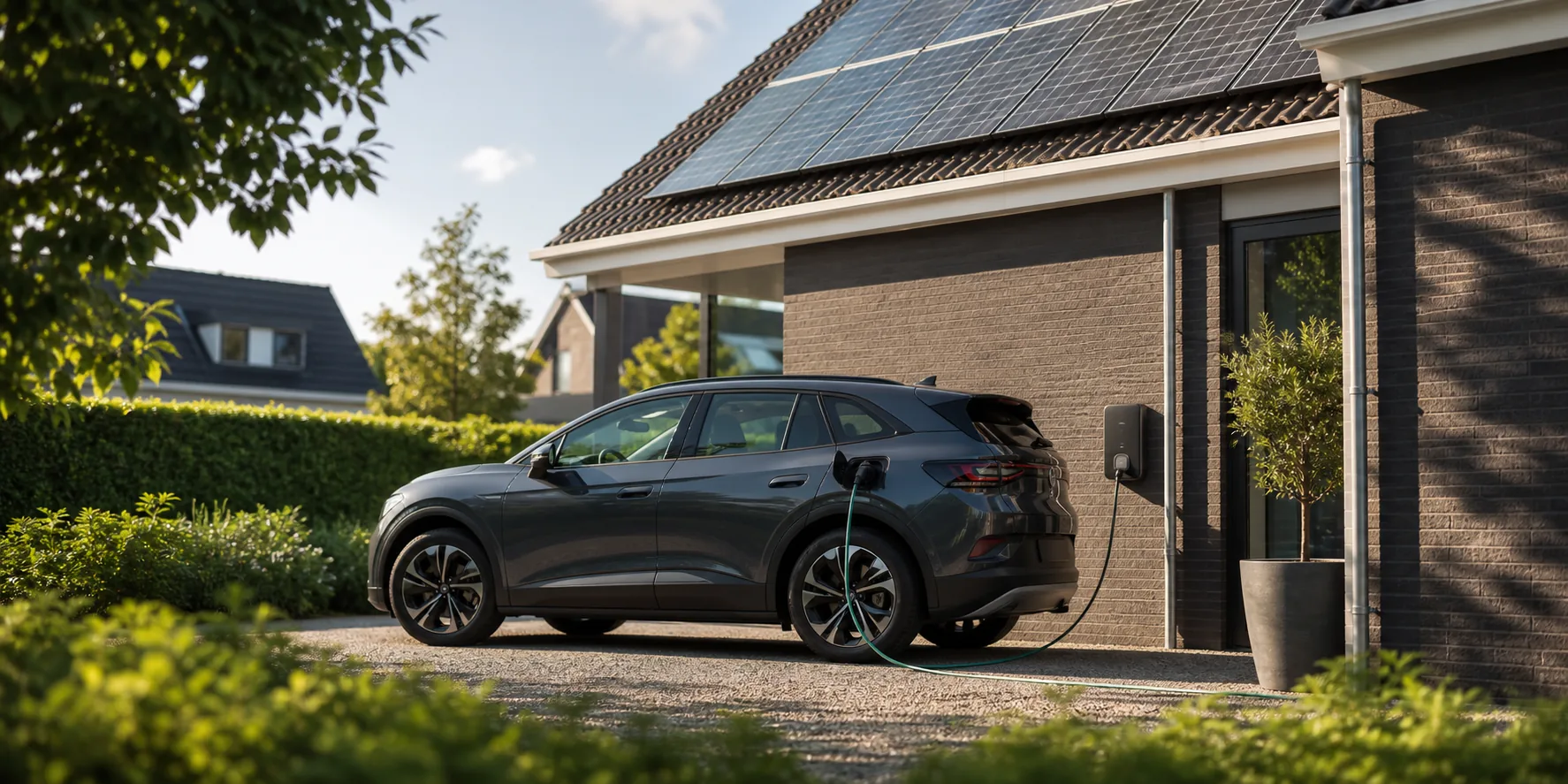 Elektrische auto die thuis overdag met zonnestroom wordt opgeladen